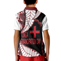 Back Tonga polo shirt with maroon collar, black-and-white geometric design, red cross and text