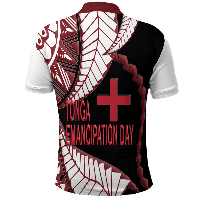 Back of Tonga polo shirt with maroon collar, black design, white patterns, red cross and text