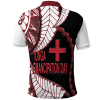 Back of Tonga polo shirt with maroon collar, black design, white patterns, red cross and text