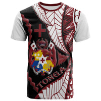 Adult T-shirt with black, red, and white pattern featuring crosses and crest graphic