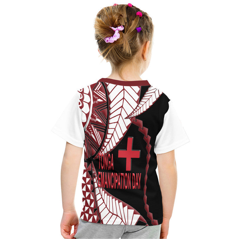 Kid T-shirt back view with black, red, and white geometric design and large cross