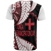 Adult T-shirt back view with black, red, and white geometric design and cross
