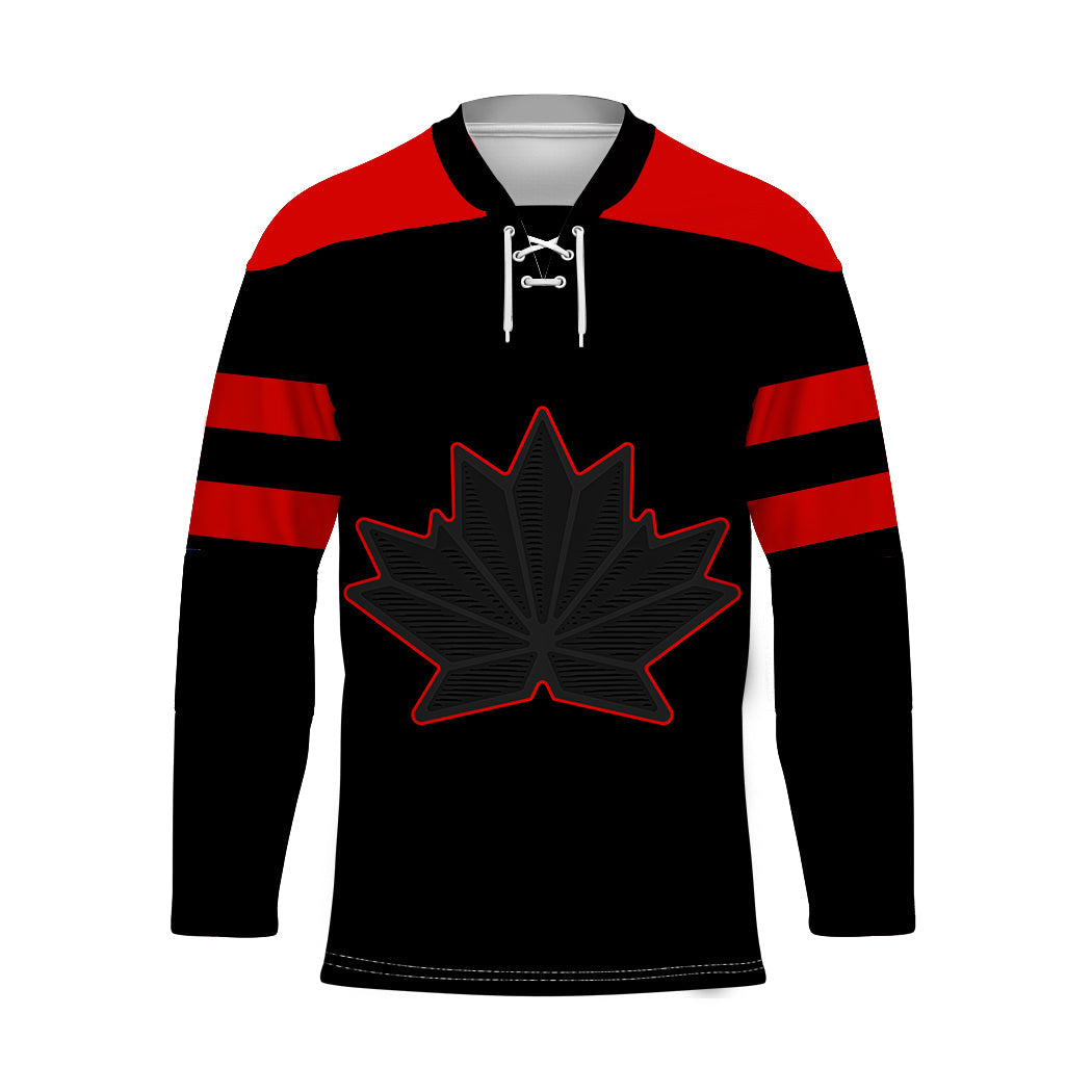 Black ice hockey jersey with red stripes, hooded lacing, maple leaf crest