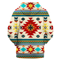 Back view: multicolor Native American 3D pattern pullover hoodie with hood and pouch pocket