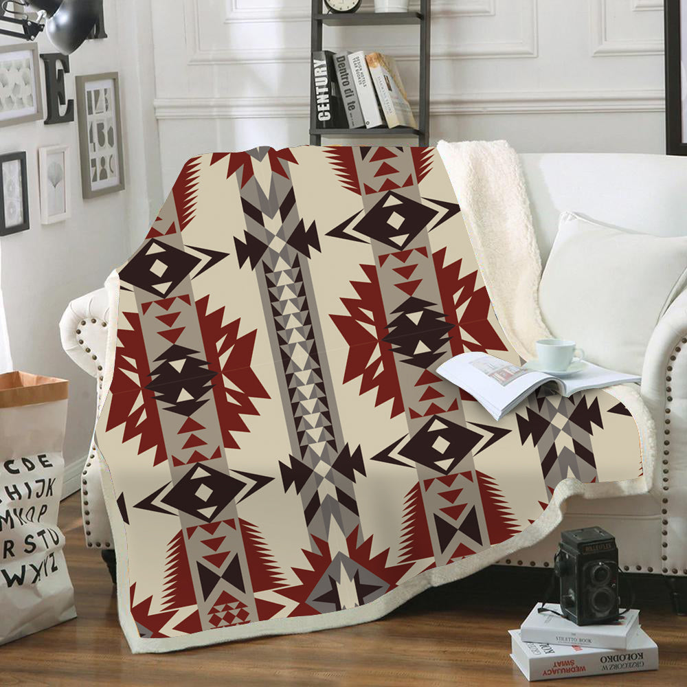 Geometric seamless pattern blanket with red, black, and beige shapes