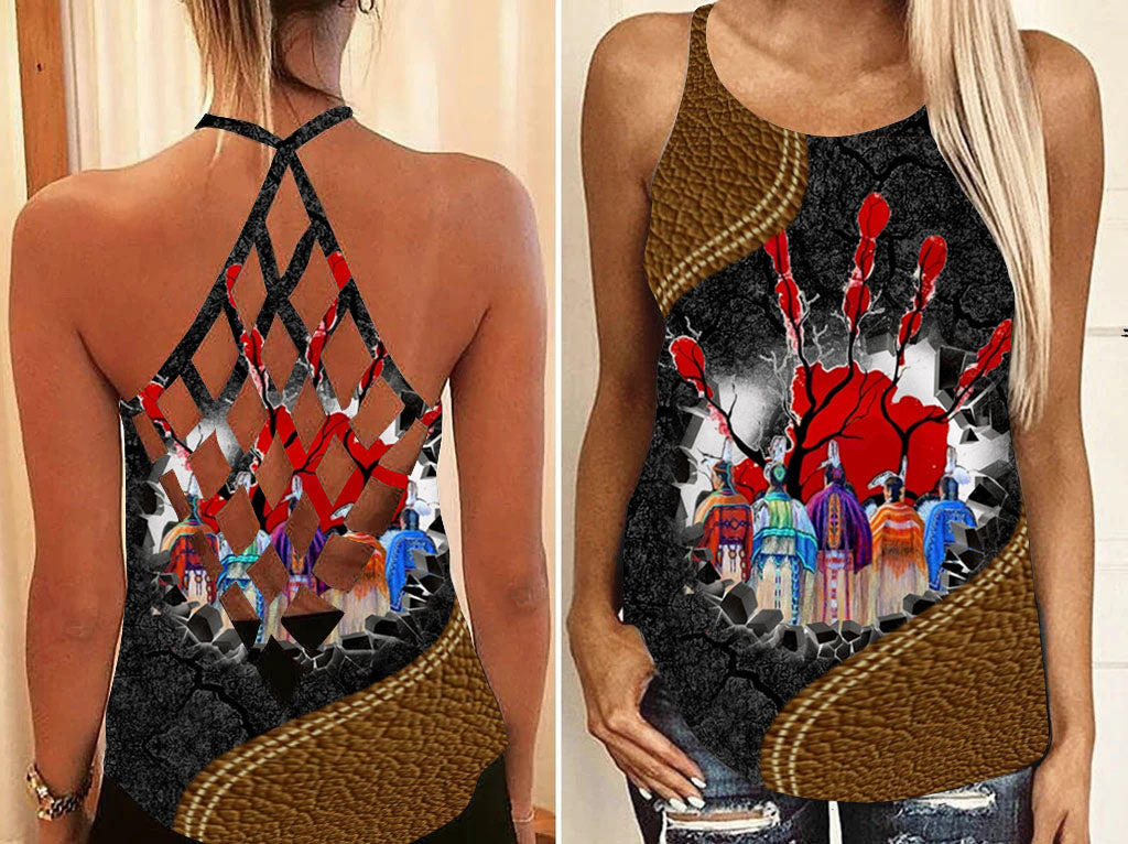 Girls tank top with crisscross back straps, multicolor western graphic front
