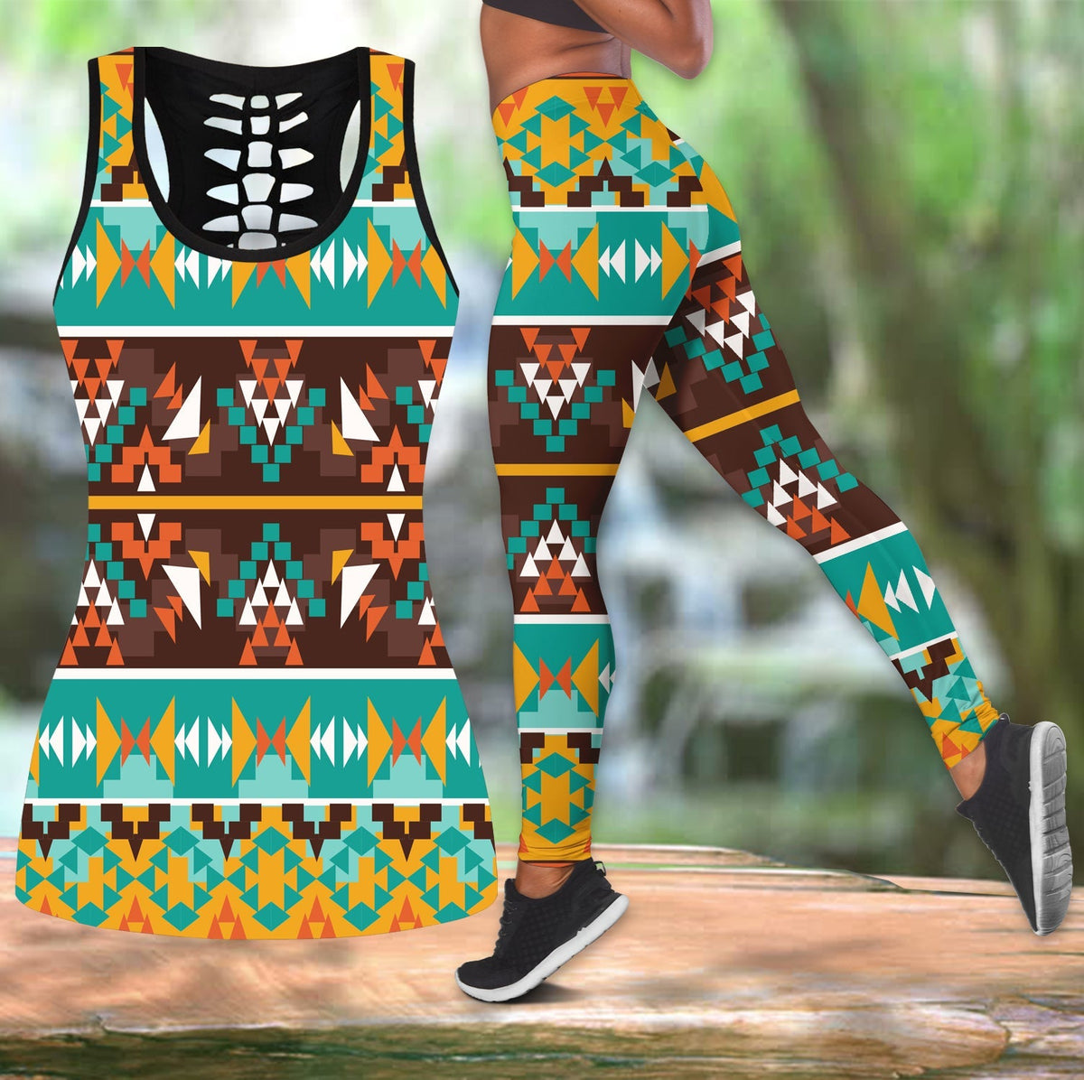 Colorful tribal-pattern hollow tank and leggings set, sleeveless cutout back