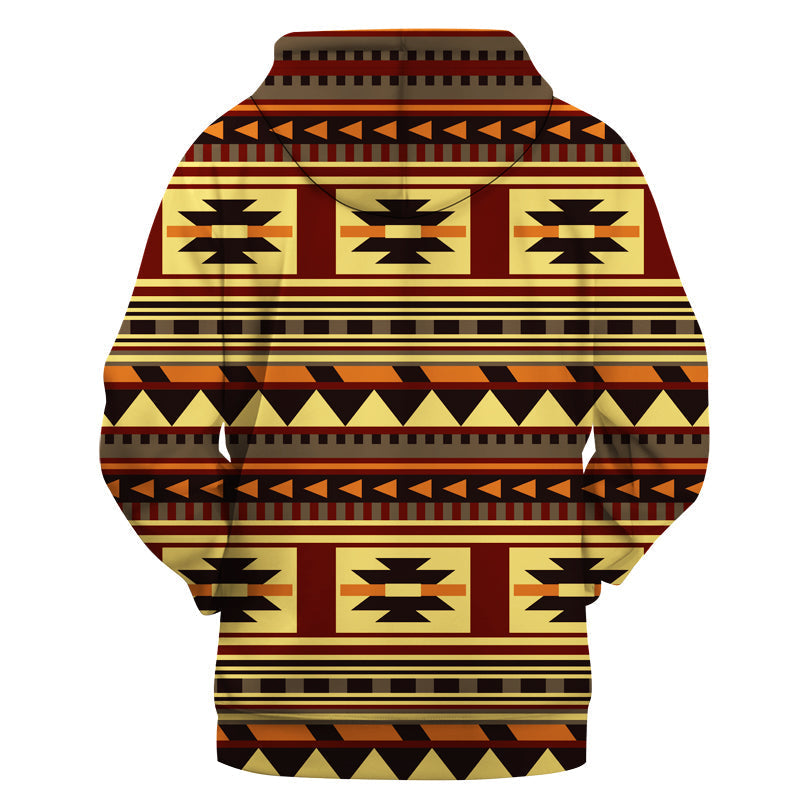 Back view pullover hoodie, multicolor Native American 3D pattern on brown