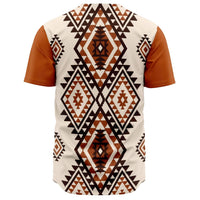Back view: cream Native-style geometric baseball jersey with rust sleeve accents
