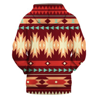 Red base hoodie with large zigzag and diamond print; front pocket and hood