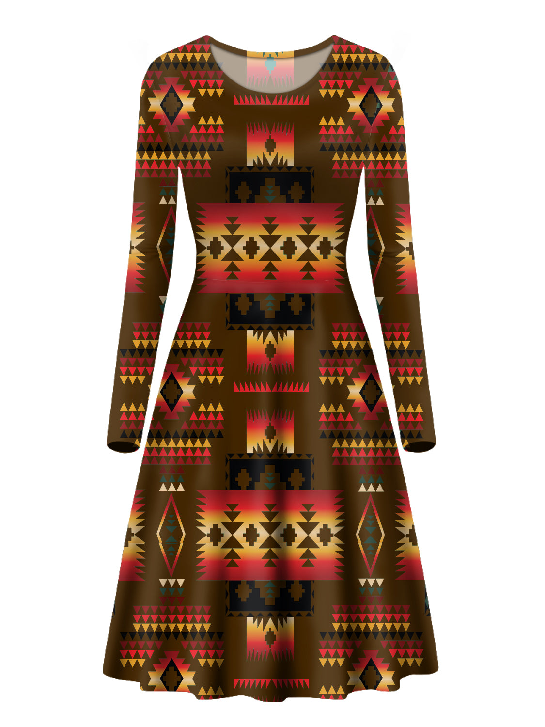 brown-native-american-pattern-long-sleeve-dress