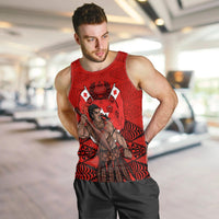 Men’s red tank top with Tongan warrior graphic, black and white patterns, sleeveless