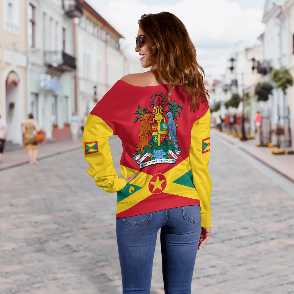 Women’s off-shoulder sweatshirt with Grenada coat-of-arms graphic on back in flag colors