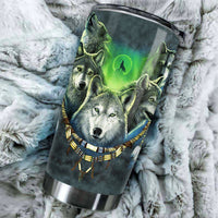 20oz stainless tumbler with wolf pack and moon graphic, multicolor wrap design