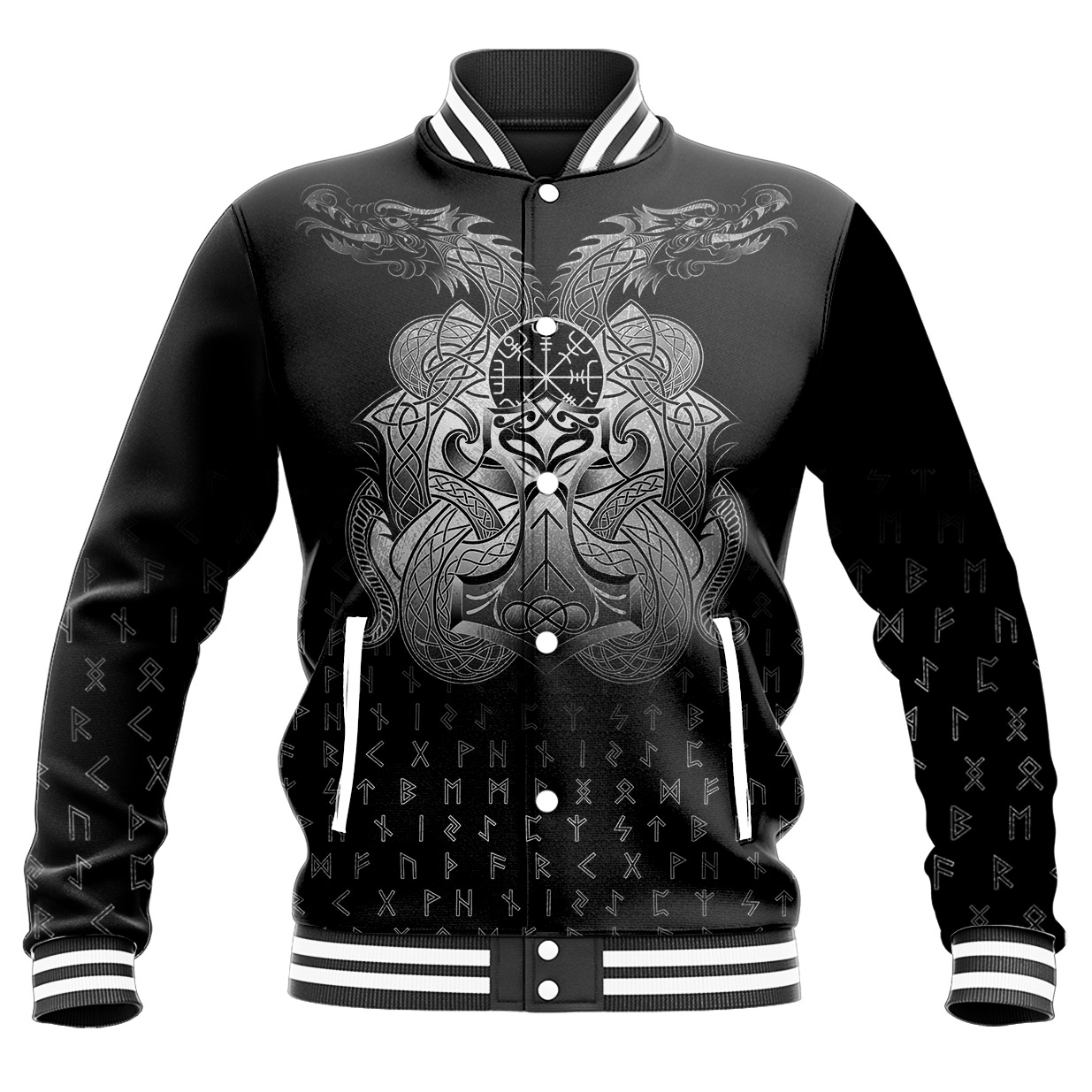 Viking Baseball Jacket Vegvisir Mjolnir and Dragon Norse Tattoo RLT12 - Wonder Print Shop