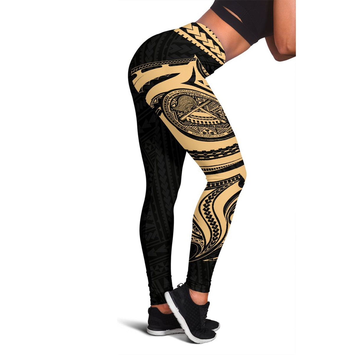 American Samoa Leggings schwarz mit goldener Mandala- und Tribal-Muster, lang