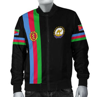 Black bomber jacket, zip front, Eritrea stripe panel and sleeve flags, chest crest