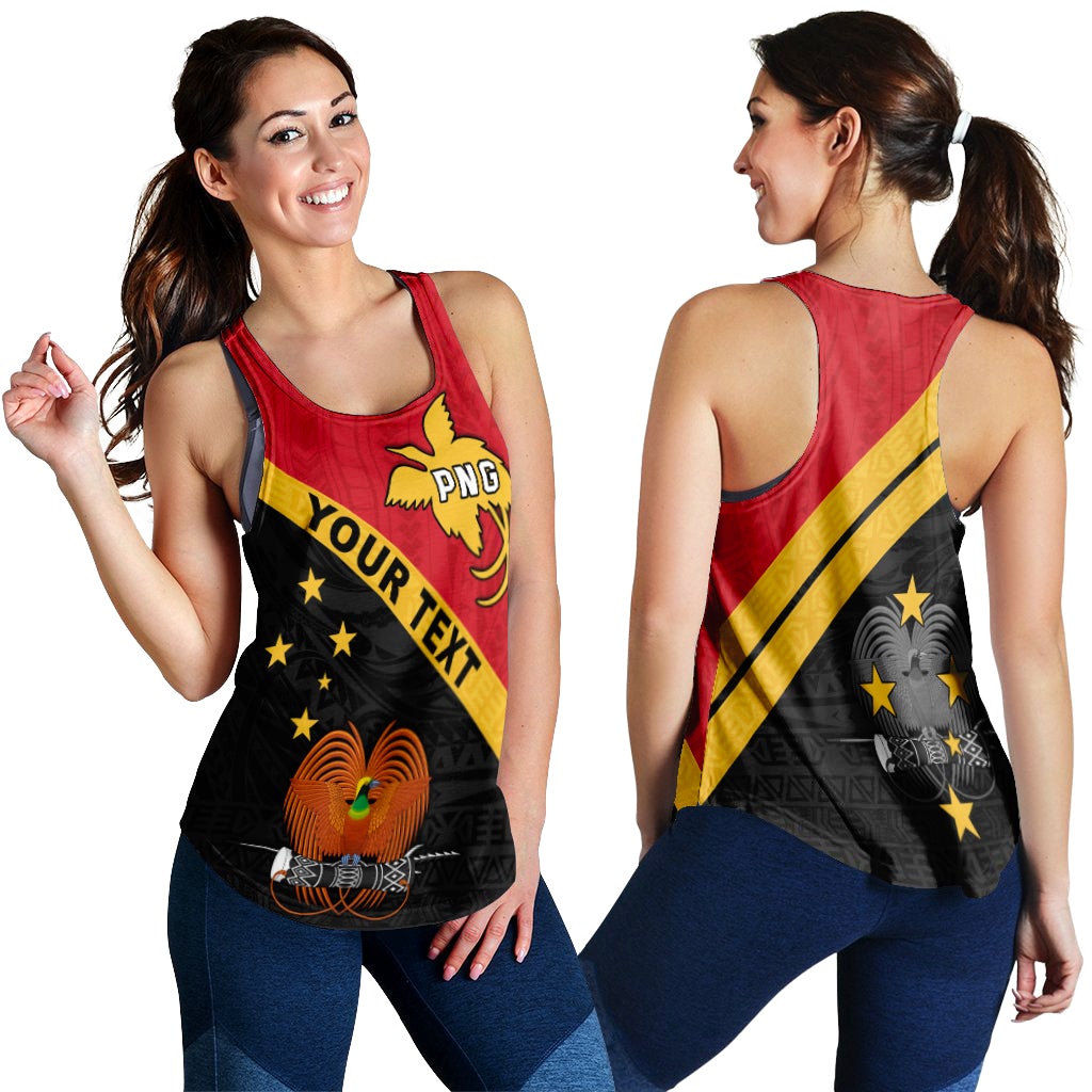 Red women’s rugby racerback tank with PNG graphic, yellow diagonal stripe