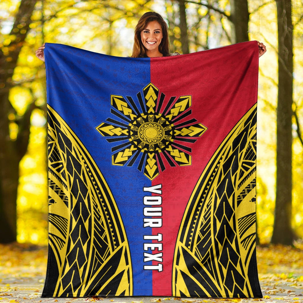 Premium blanket with blue, red, and gold sun rays design and vertical “YOUR TEXT”
