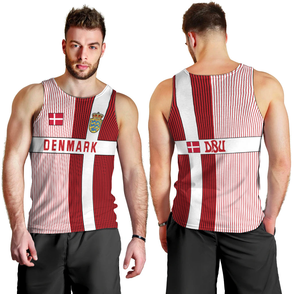 Men’s Denmark football tank top, red and white vertical stripes with DENMARK print