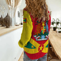 Women’s casual button-up shirt with back print: tricolor flag graphic and emblem illustration