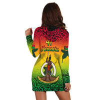 Peaceful hoodie dress back view, hood with multicolor Vanuatu print, long sleeves