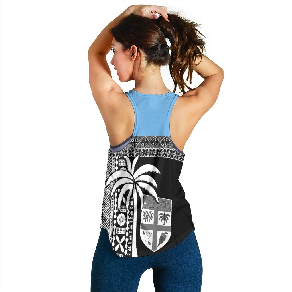 Back view racerback tank: blue straps, black with white tapa palm print panel