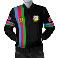 Black unisex bomber jacket with Eritrea tricolor stripe and chest crest, ribbed cuffs