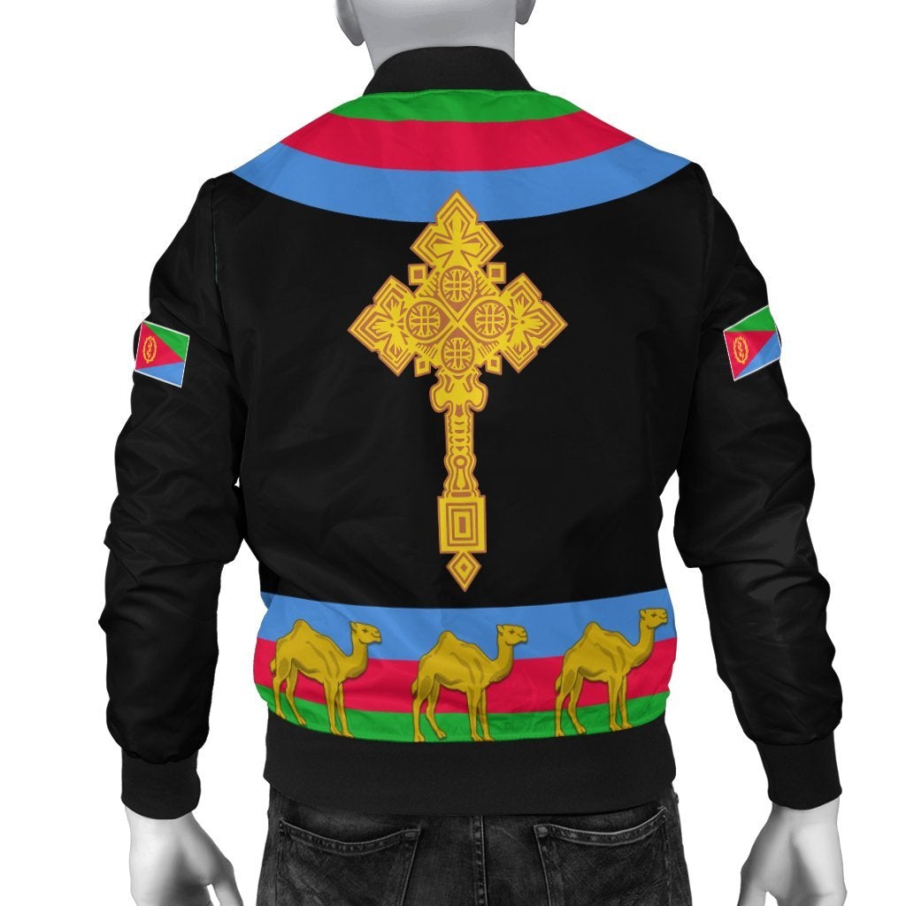 Black bomber jacket back view with large gold cross emblem over multicolor Eritrea flag stripes