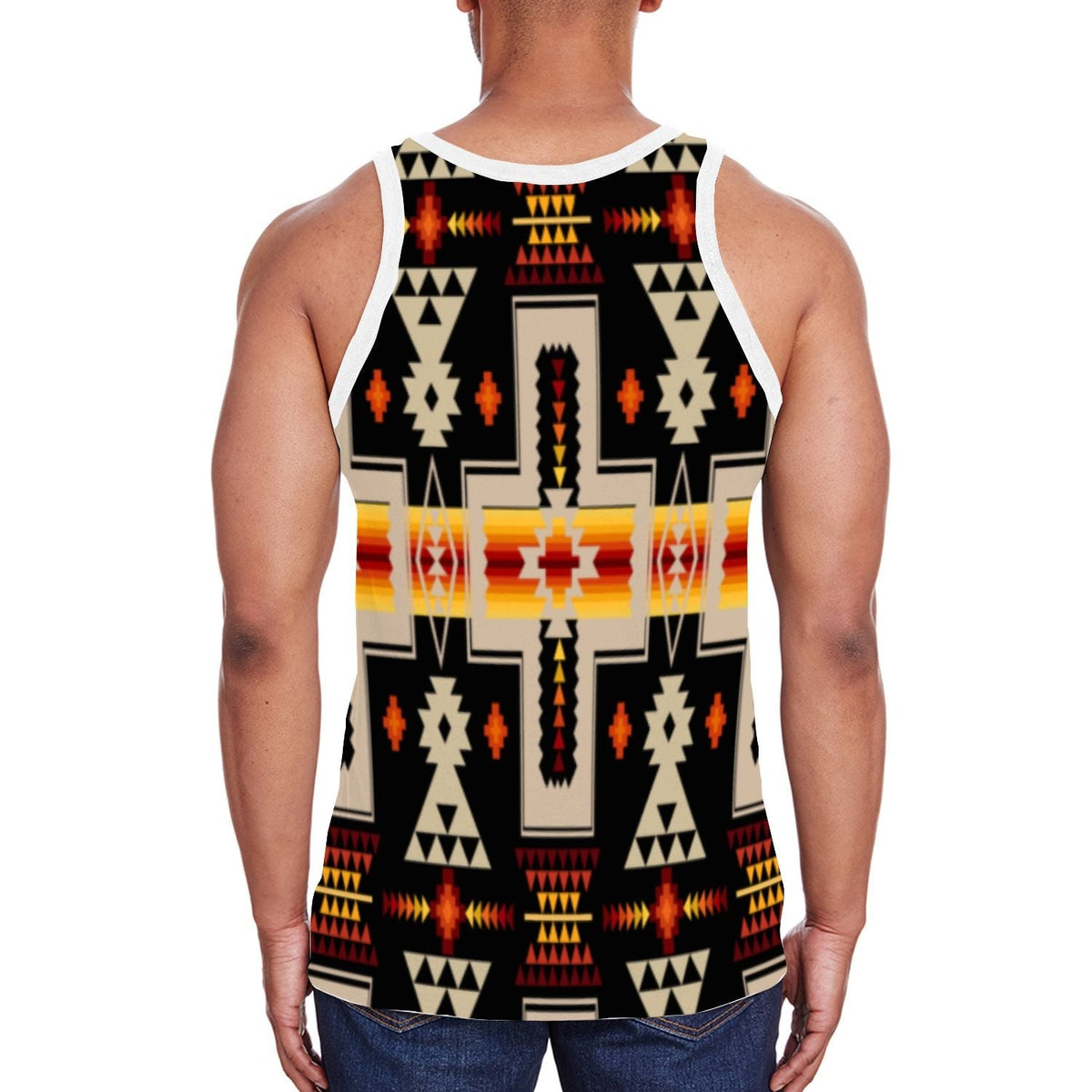 Back of men’s black tank top with multicolor geometric Native pattern, sleeveless