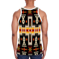 Back of men’s black tank top with multicolor geometric Native pattern, sleeveless