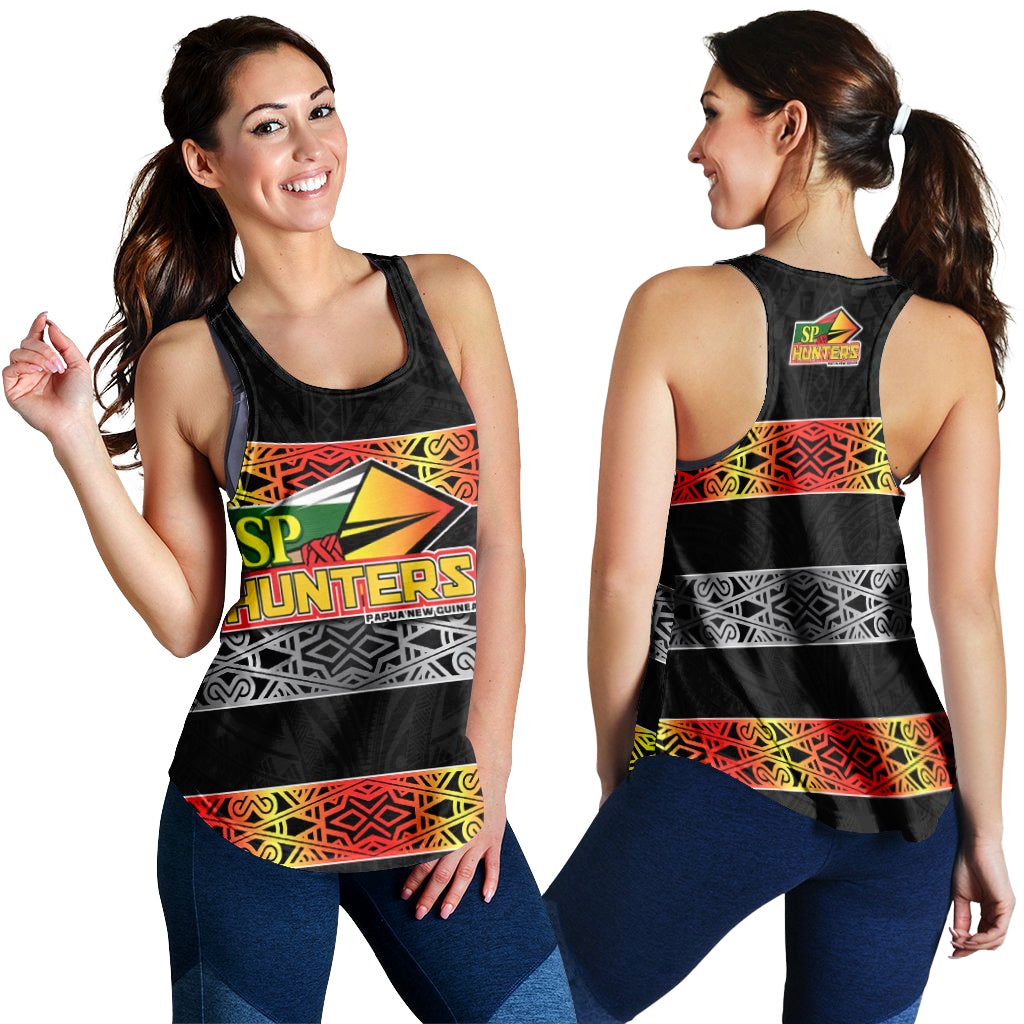 Black racerback tank with SP Hunters logo and red, yellow, green tribal stripe