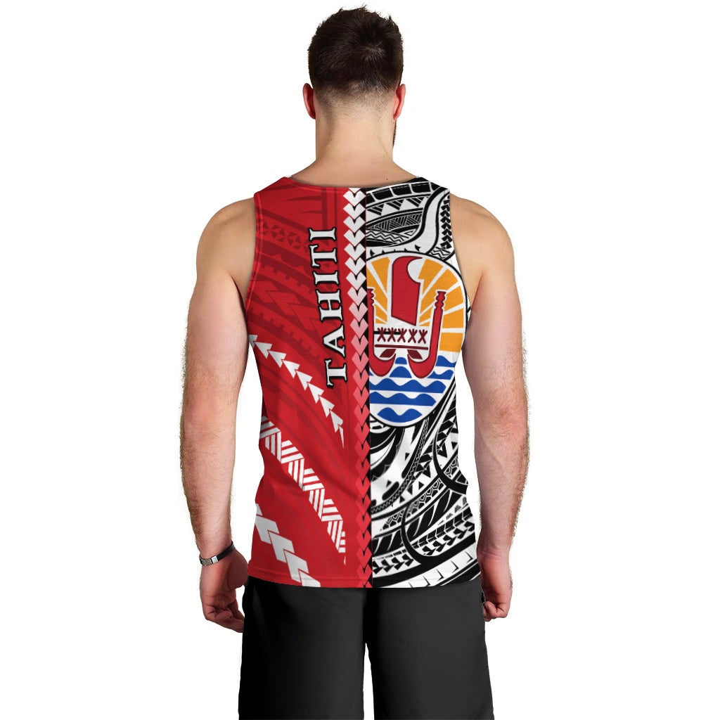 Back view red men’s tank top with vertical tribal print panels, sleeveless