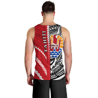 Back view red men’s tank top with vertical tribal print panels, sleeveless