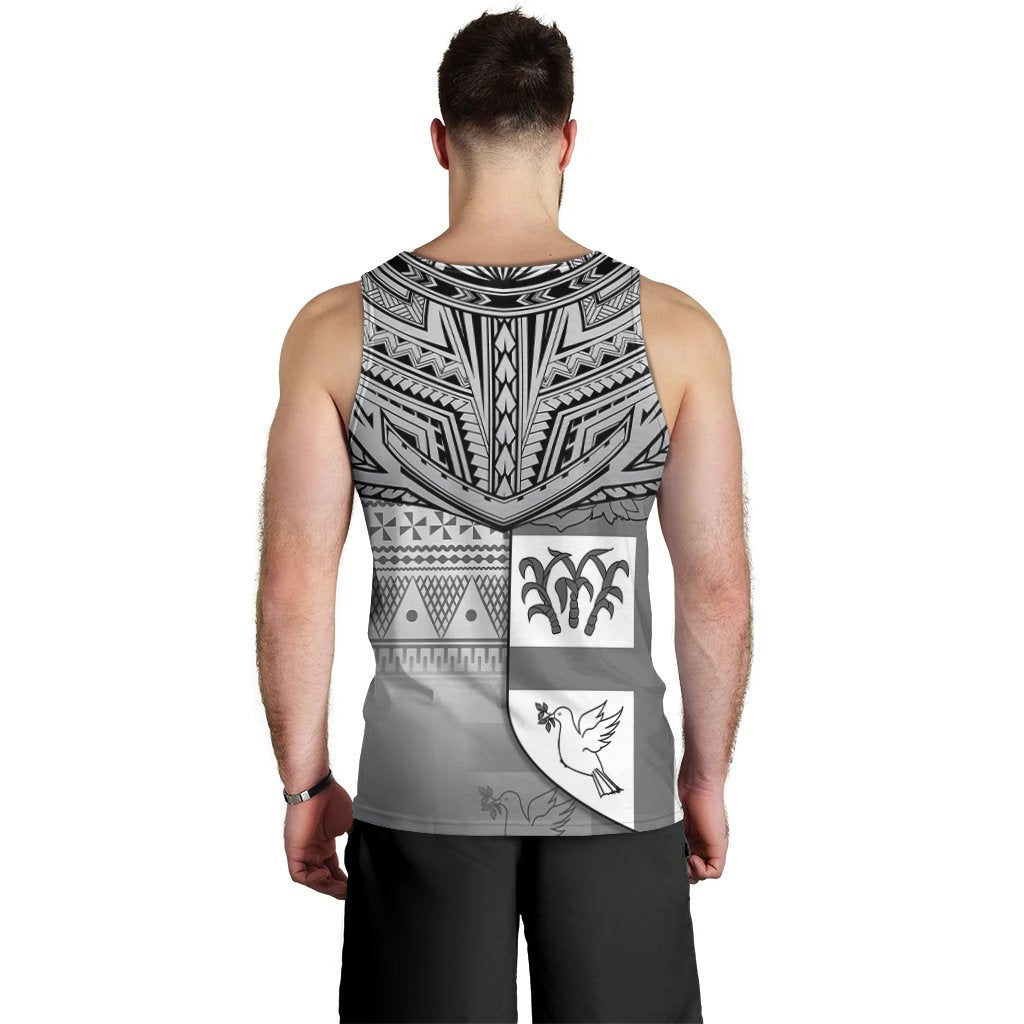 Men's tank top back view with Fiji tribal pattern and palm and bird motifs