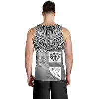 Men's tank top back view with Fiji tribal pattern and palm and bird motifs