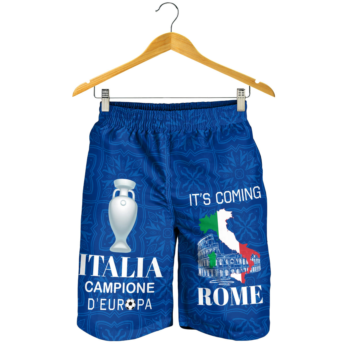 Blue men's elastic-waist swim shorts with Italia Campione d'Europa Rome graphic