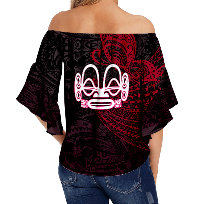 Back view off-shoulder wrap top, black/red tribal butterfly face graphic, flared 3/4 sleeves