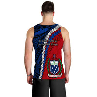 Back view of men's Samoa tank top, red/blue tribal print with Polynesian lettering