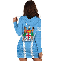 Blue hoodie dress back view with hood and Polynesian sail and crest graphic