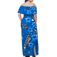 Blue off-shoulder long dress, floral print with custom text on back