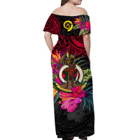 Women off-shoulder long dress, black with red tropical floral print and deity graphic