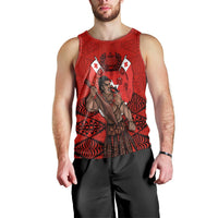 Red sleeveless tank with warrior portrait on front and black/red geometric pattern