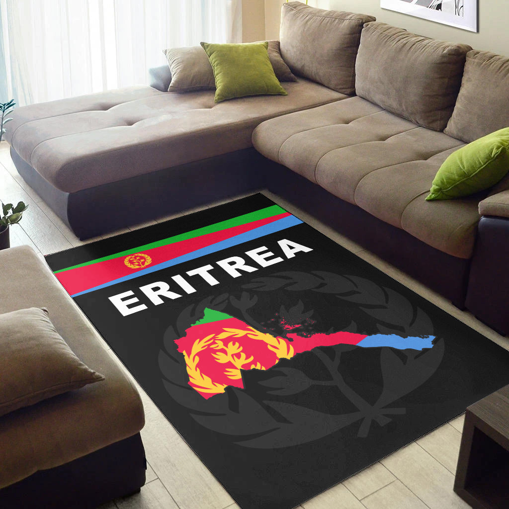 Eritrea area rug on living room floor with lion map graphic and green-blue-red band