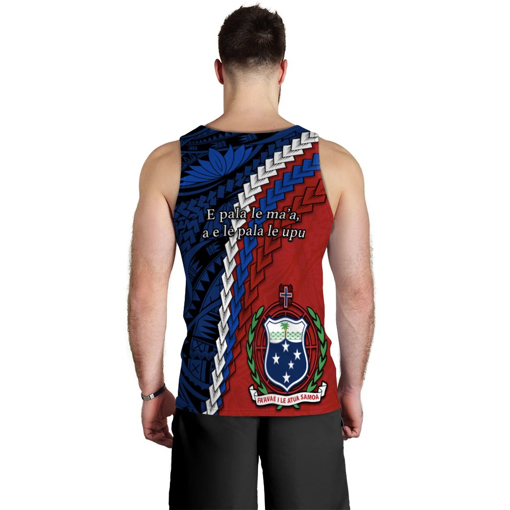 Samoa tank top back view, red/blue tribal pattern with crest and 'E pala...' text