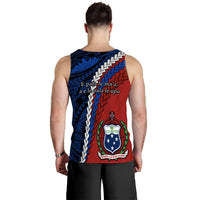 Samoa tank top back view, red/blue tribal pattern with crest and 'E pala...' text