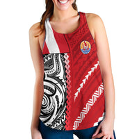 Red racerback tank close-up, crest logo patch and white/black tribal graphic pattern
