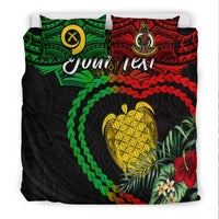 Black duvet cover set with centered turtle heart, green-red cushion prints and hibiscus flowers