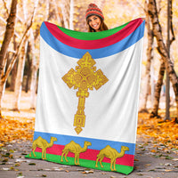 Eritrea cross-flag blanket, white base with blue/red/green stripes and gold camel figures