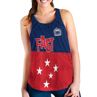 Women’s racerback tank in blue with red graphic and “FAST” front print